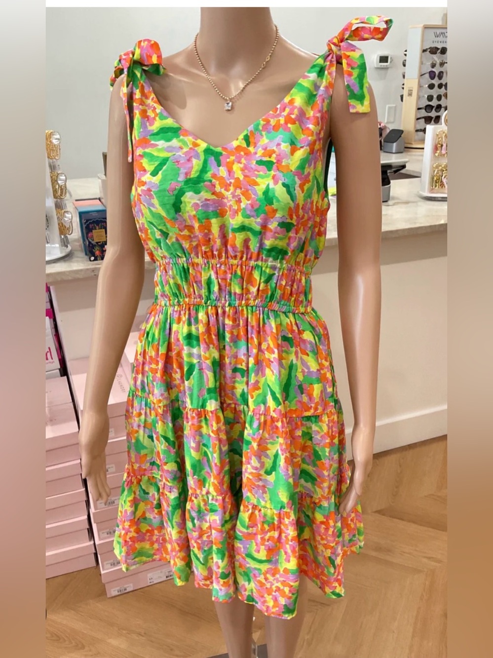 THML Tie-Shoulder Floral Mini Dress in Green, Pink and Orange
